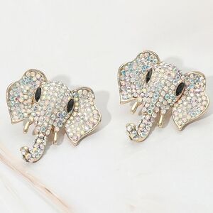 Gold Abalone Stone Elephant 1.5" Rhinestone Crystal Earrings Statement Jewelry